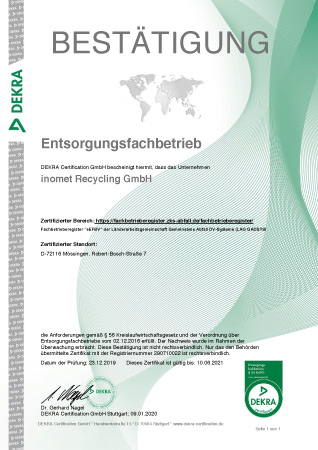 2020 Bestaetigung Ueberwachung Entsorgungsfachbetrieb inomet Recycling GmbH